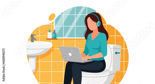 Woman working on laptop while sitting on toilet in bathroom.  Illustration for articles about work-life balance or remote work.
