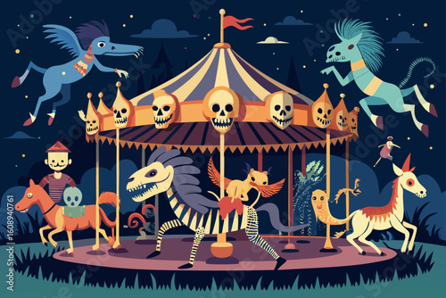 Haunted Carousel with Skeleton Animals