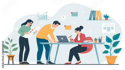 Teamwork in modern office, ideal for business presentations or website landing pages.