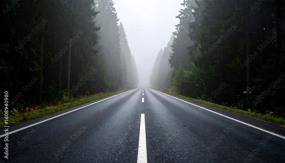 Fototapeta premium Empty road through misty forest (1)