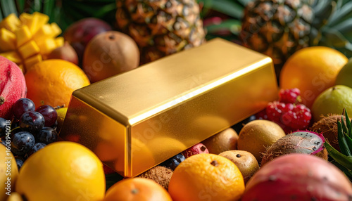 Gold metal bar surrounded by exotic fruits including pineapple, orange, grapes, and kiwi, symbolizing luxury and abundance