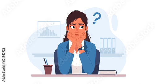 Thoughtful businesswoman at her desk, perfect for illustrating problem-solving or decision-making in business contexts.