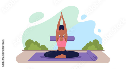 Woman practicing yoga outdoors, perfect for wellness websites or brochures.