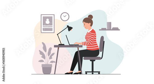 Woman working on laptop at home office, perfect for websites and blogs about remote work, productivity, or freelance.