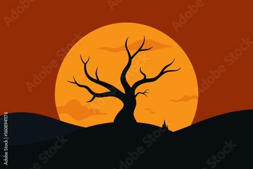 Minimalist Halloween Landscape with a Lone Spooky Tree