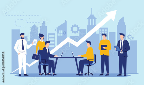  Dynamic Business Growth and Teamwork: Professionals Collaborating to Achieve Success with an Upward Trend Line over a Modern Cityscape Background flat vector illustration