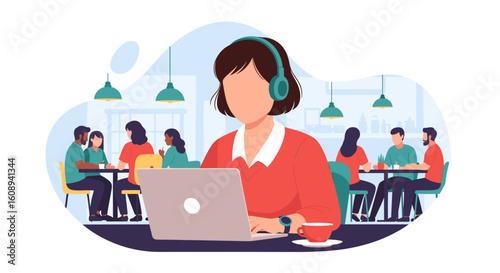 Woman working on laptop in a cafe, ideal for articles on remote work, coworking spaces, or freelance lifestyles.