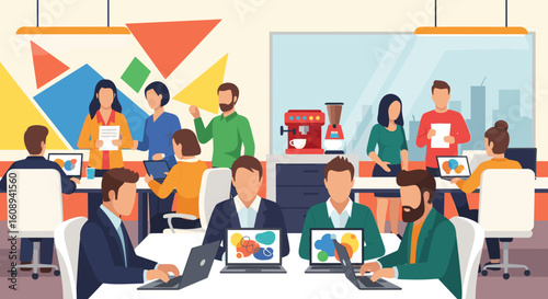 Diverse team of professionals collaborating in a modern office, ideal for website banners or business presentations.