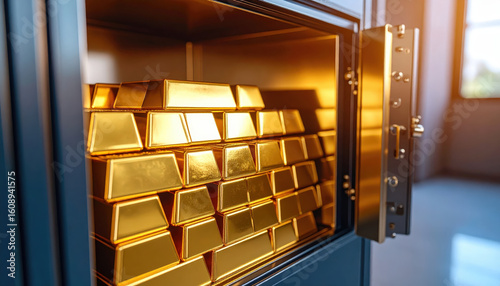 Stack of shiny gold bars inside open safe, reflecting warm light and showcasing wealth and luxury
