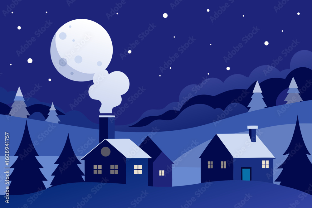 Naklejka premium Serene Night Scene of a Snowy Village Under Stars