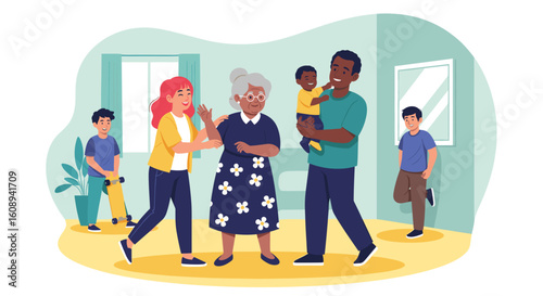 Multigenerational family gathering at home, perfect for family, togetherness, and generational themes.