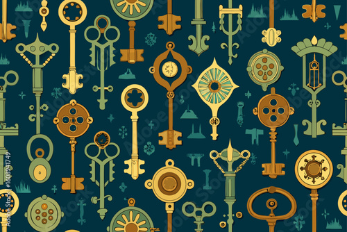 Seamless Pattern of Ornate Antique Keys