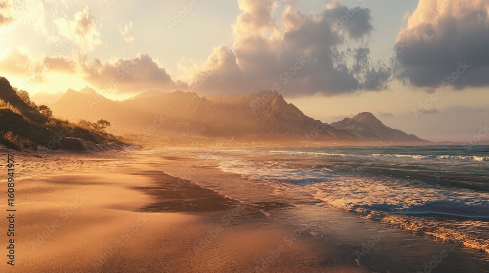 Obraz premium sunset beach landscape with mountains