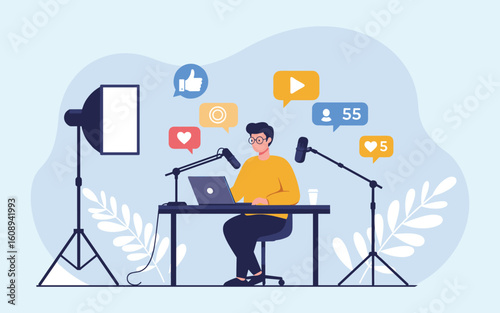 Content Creator Recording Podcast or Video with Microphone, Laptop, and Studio Lighting: Social Media Engagement Illustration flat vector illustration