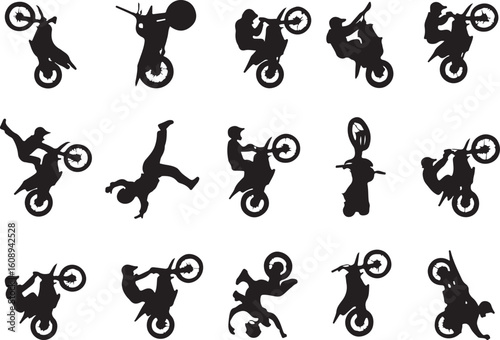 Black silhouettes of motorcyclists performing stunts on motorcycles motocross rider