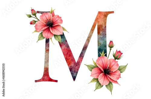 Decorative letter M with pink hibiscus flowers in watercolor style on white background, representing floral monogram design concept