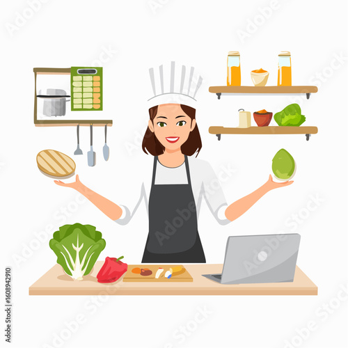 Cheerful culinary expert demonstrating a healthy recipe online with fresh vegetables and a laptop in a modern kitchen