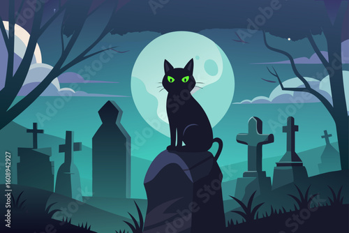 Black Cat on a Tombstone in a Foggy Cemetery
