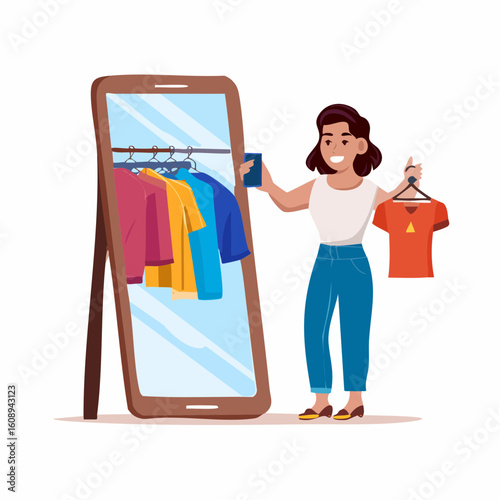 A smiling woman using a smartphone for a virtual try-on, choosing a t-shirt from a digital wardrobe displayed on a large screen.