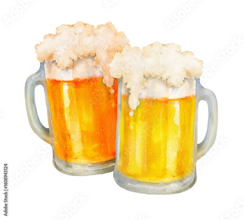 Two mugs of light beer with foam, watercolor illustration, isolated on white background. Clipart for Oktoberfest, festival flyers, pub decor, bottle labels, promo, menus and bar-themed designs