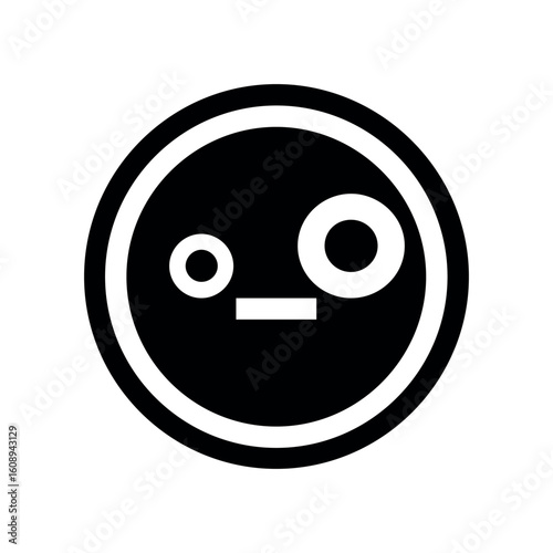 Black and white emoticon with differing eye sizes and a straight mouth inside of a circle outline