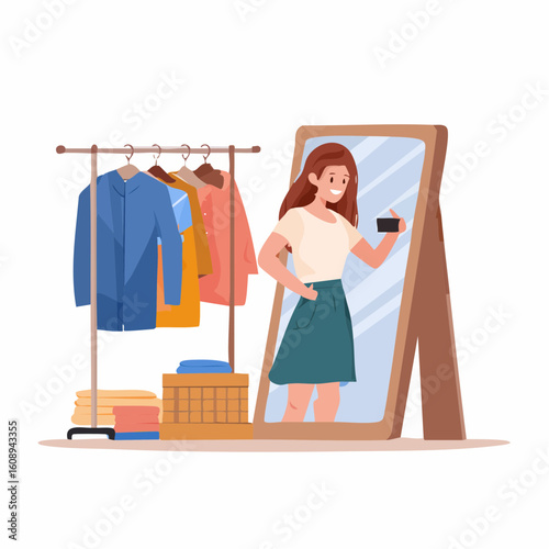 A young woman stands in front of a mirror, taking a selfie in a clothing store, surrounded by clothes on hangers and racks.