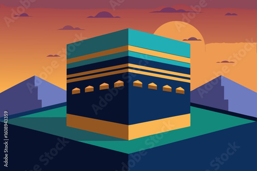 Clean Kaaba Vector with Abstract Desert Twilight Sky