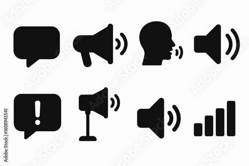 Communication icons: speech bubbles, megaphones, sound waves, and volume levels