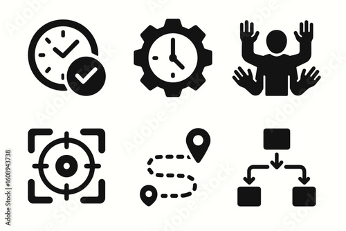 Collection of black business icons for time management and workflow visualization