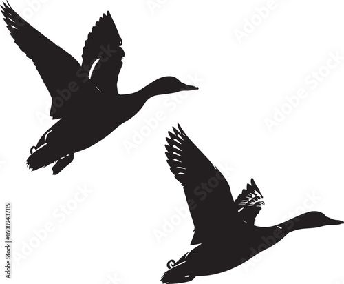 Two silhouetted ducks flying against a white background