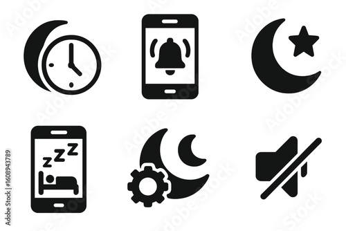 Nighttime mobile icons: alarm, moon, settings, do not disturb, sleep mode, silence