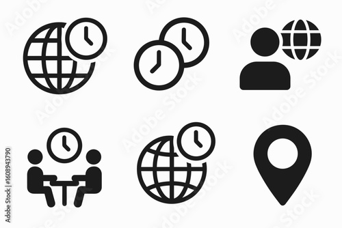 Global time management icons set: clock, globe, meeting, location symbols