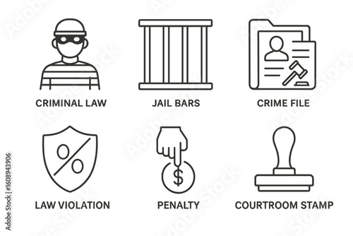 Criminal law icons: jail bars, crime file, law violation shield, penalty, courtroom stamp