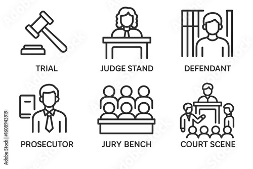 Legal process icons: trial, judge, defendant, prosecutor, jury, court scene