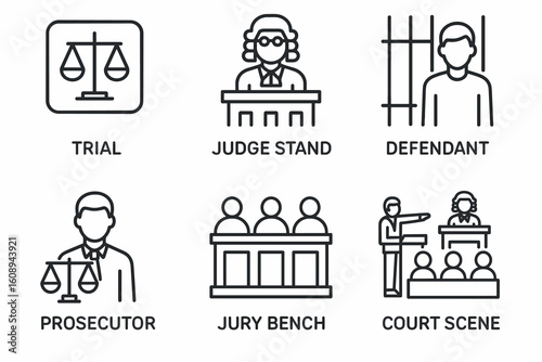Courtroom elements: judge stand, defendant, prosecutor, jury bench, trial, court scene