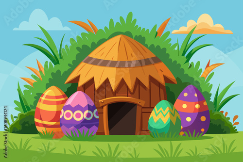 Easter Eggs Hidden Beside a Grass Hut Vector