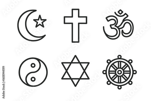 Religious symbols: star and crescent, cross, om, yin yang, star of david, dharma wheel