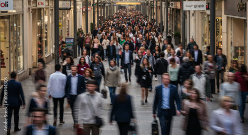 Crowded city street scene with many pedestrians.