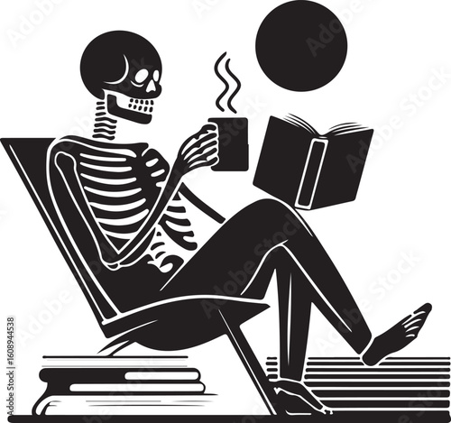 Skeleton relaxing with coffee and a book under a full moon