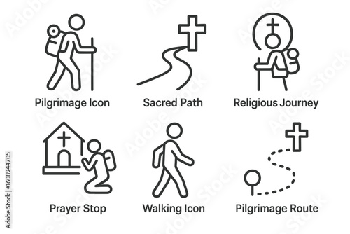 Pilgrimage symbols: sacred path, religious journey, prayer stop, walking icon, route