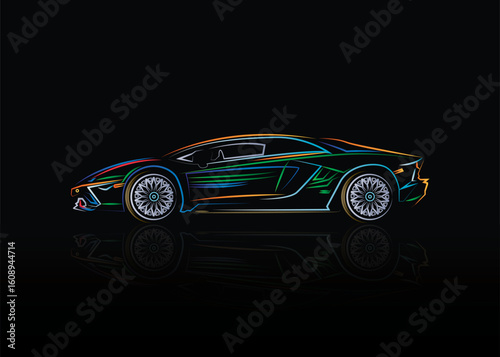 high tech car logo with neon color, vector illustration