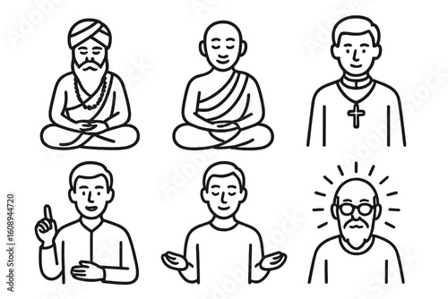 Diverse religious figures cartoon: hindu, buddhist, christian clerics; young and elderly men