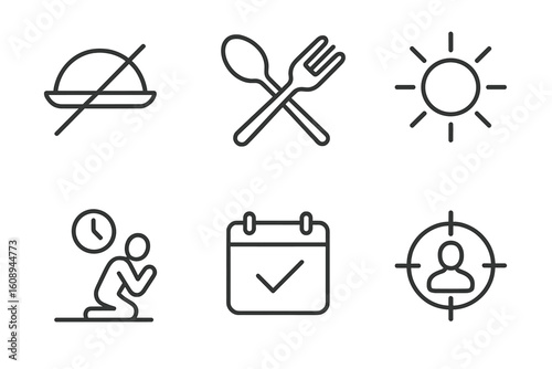 Intermittent fasting icons collection: no food, utensils, sun, time, calendar, target