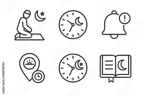 Islamic prayer and time icons featuring crescent moons and symbols