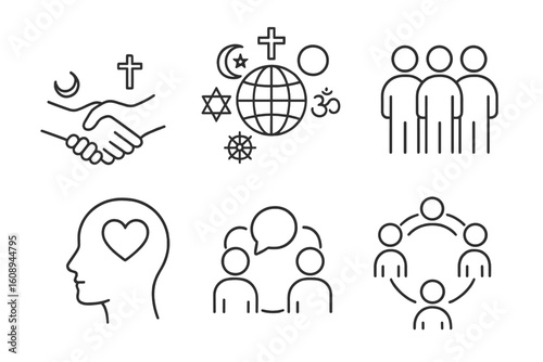 Line art icons of unity in diversity and communication
