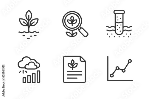 Icons illustrating plant growth, analysis, weather impact, and data trends
