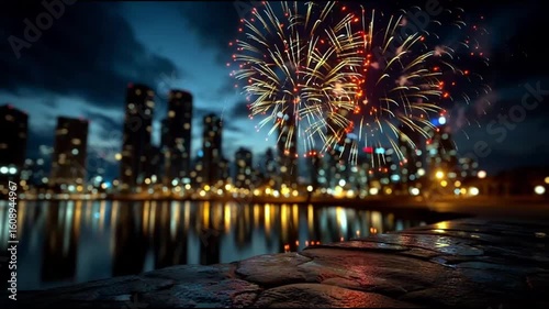 Fireworks exploding over a city skyline at night