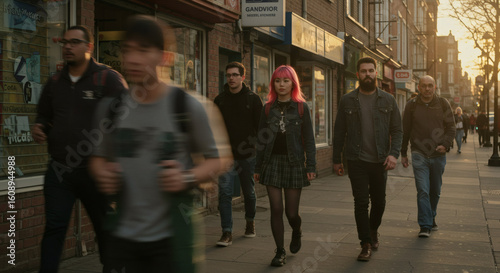 Pedestrians walking down a city street.
