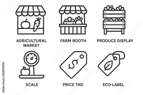 Agricultural market icons: farm booth, produce display, scale, price tag, eco-label symbols