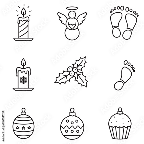 Simple black and white christmas icons featuring candles angels holly and ornaments